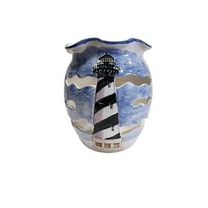 Cape Hatteras Lighthouse Vase Pottery Outer Banks 2001 Painted Signed Seagrove